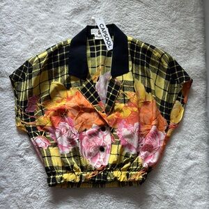 Escada Yellow Pink Black Cropped Button Down Shirt top silk 42/8 medium flower